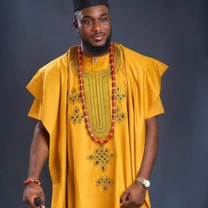 Obama yellow gold men agbada, 3 Piece set/African men clothing/wedding suit/prom dress/ groom suit/Men in Agbada/dashiki/Embroidery
