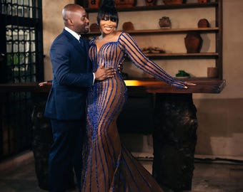 Adeoba Bridal Gown: African women blue beaded Wedding suit, Aso-Oke