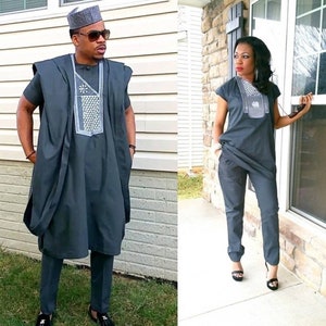 African couple&#39;s agbada wear, couple&#39;s wedding outfit, couple&#39;s matching suit, couples matching wear
