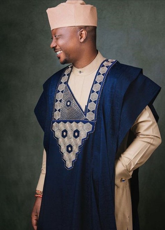 Men's Agbada: Champagne Gold Blue African 3-piece Suit Israel