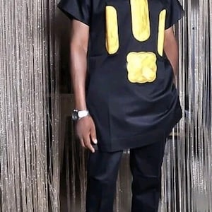 Babas gold & black Men dashiki/African men outfit, 2 piece set, Trimming shirt/wedding suit/senator suit/Groom suit/handmade clothing