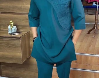 Stoned African Senator Suit – 2 Piece Kaftan Outfit, Native Wedding Wear
