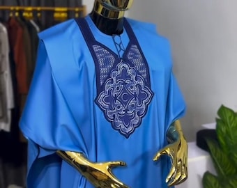 Blue African Agbada 3-Piece Outfit: Handmade Men's Wedding/Groomsmen Suit