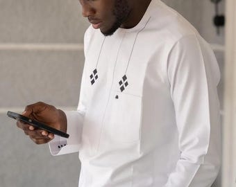 African Men classic white kaftan: Custom Cotton Senator Wear