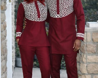 Bespoke brown African Couples Outfit. Matching Shirt & Pant Set