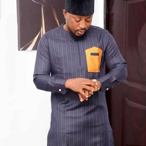 Soko Striped African men suit/Senator suit/African clothing/men&#39;s clothing/matching shirt & pant/dashiki/Kaftan/prom dress/groom suit