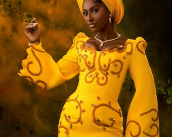 Yellow Gold Aso Oke: Beaded African Bridal Wear. Bridal suit
