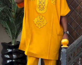 Handmade African Men's Dashiki Outfit, Floral Print 2 Piece Set