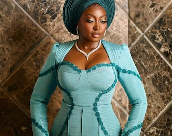 Beaded Aso Oke Wedding Dress: African Bridal Elegance, Custom Fit
