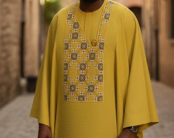 Jide classic yellow men agbada outfit- Handmade clothing, African Men's 3-Piece set, Wedding Suit