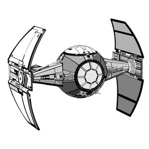 May include: A black and white illustration of a TIE fighter spaceship. The spaceship has two wings and a round body with a circular window.