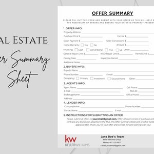 Real Estate Offer Summary, Multiple Offers, Real Estate Checklist, Realtor Checklist, Real estate forms, Transaction Coordinator checklist