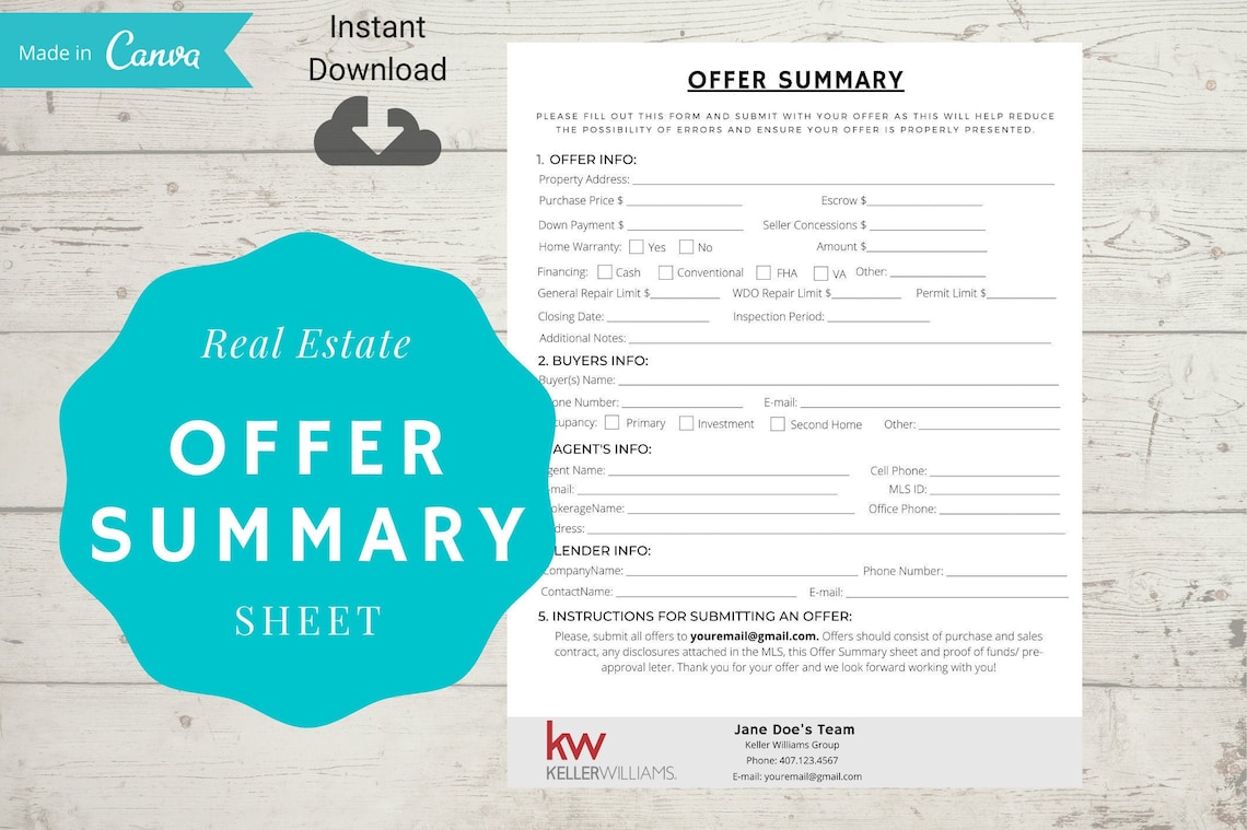 Editable Real Estate Offer Summary Multiple Offers Checklist Etsy