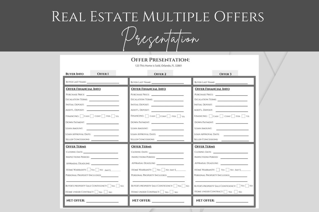 Real Estate Multiple Offer Presentation Form, Multiple Offers Sheet