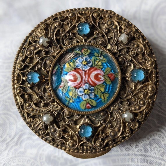 Early 1900's Guilloche Filigree Mirrored Powder C… - image 1