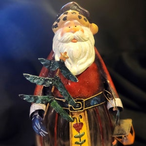 Vintage 11&quot; Metal And Glass Santa Candle Holder