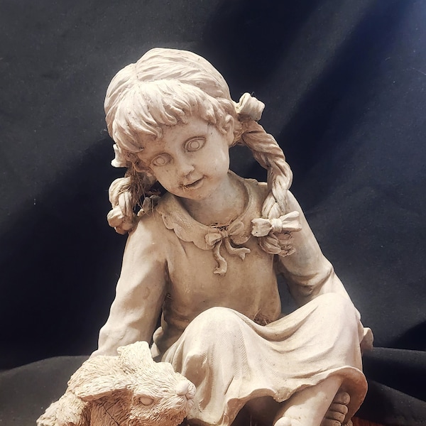 Sculpture vintage en résine pour fillette avec lapin, 25 cm (10 po.)