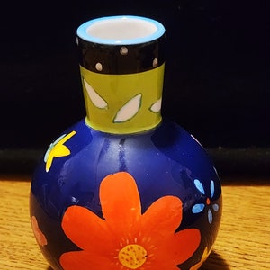 Vintage 3 1/2&quot; Blue Porcelain Vase with a Red Flower and Multiple Smaller Designs by Artist