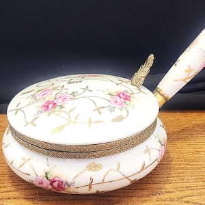 Vintage porseleinen bedwarmer met porseleinen handvat, goudfolie en messing fittingen Gewoon geweldig! afbeelding 1