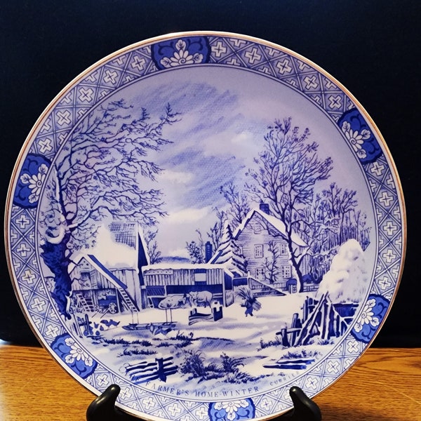 Vintage Currier & Ives The Winter Farm House Plate and Holder