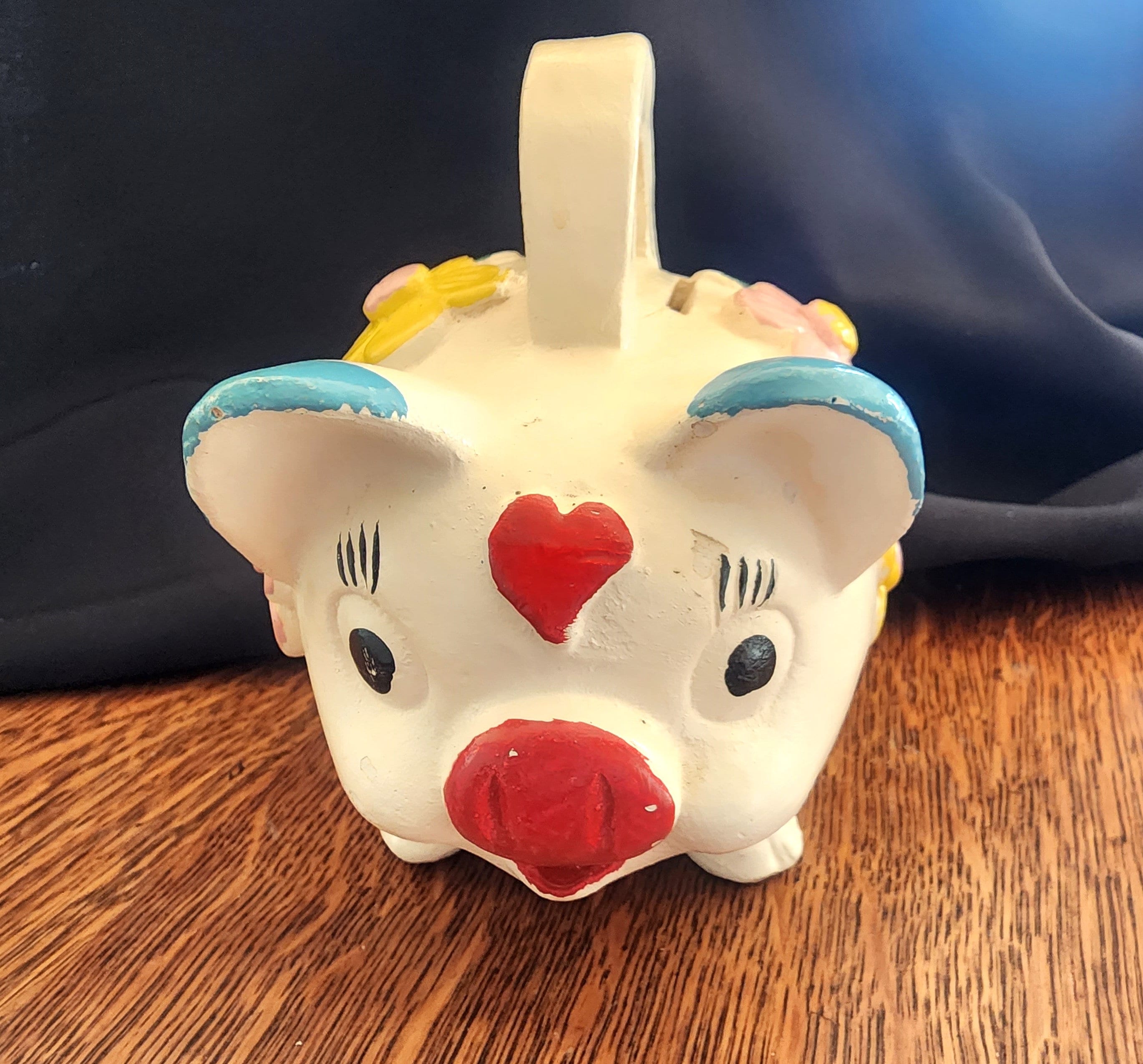 Vintage 1970's Mexico Piggy Bank With Pink and Yellow Flowers and