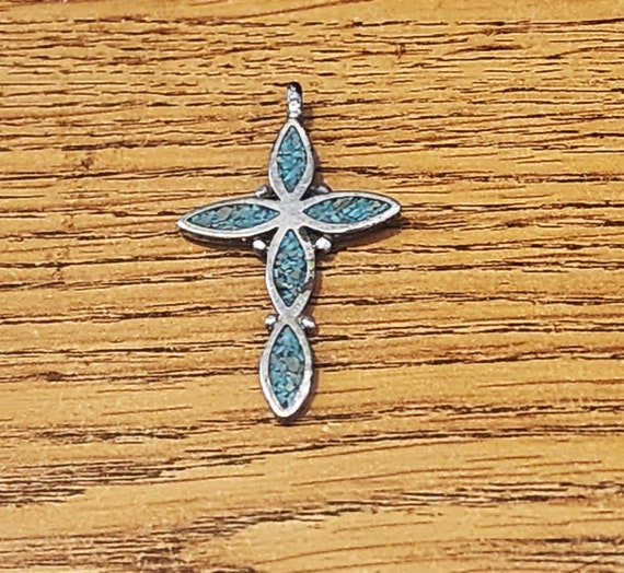 Vintage Sterling Silver & Turquoise Cross - image 1