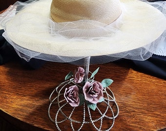 Vintage Straw Hat with Silk Bow Flower & Netting
