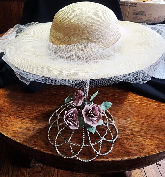 Vintage Straw Hat With Silk Bow Flower & Netting - Etsy display picture 1