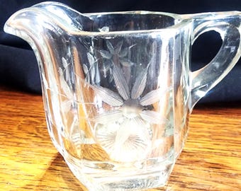 Vintage 1950's Clear Glass Etched Creamer - Amazing!