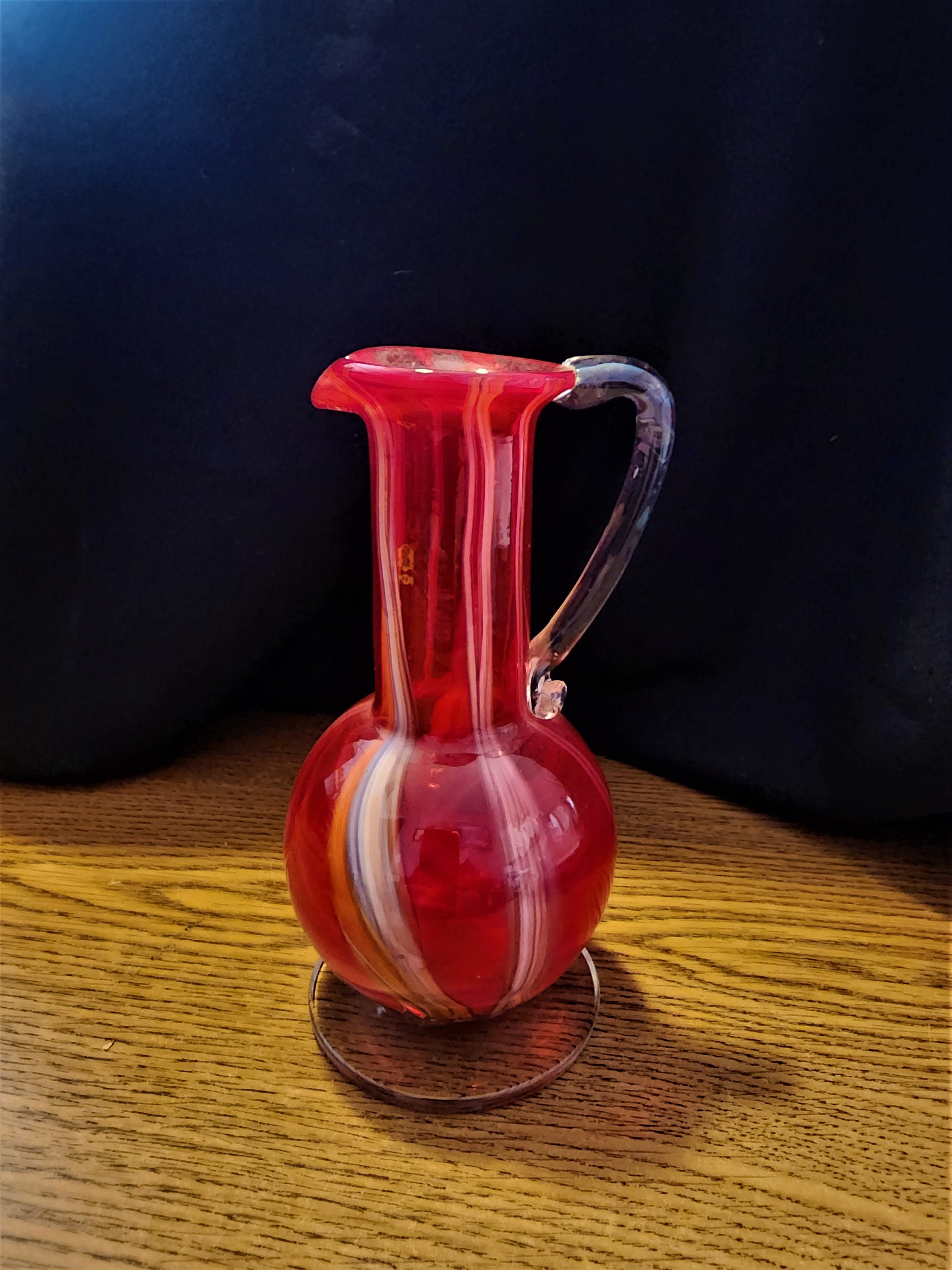 Vintage Red Apple and Orange glass juice pitcher/decanter Etched glass  handle and pour spout - Pitchers & Carafes, Facebook Marketplace
