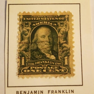 Vintage Rare 1902 1 Cent Ben Franklin Green Stamp Cancelled Hinged