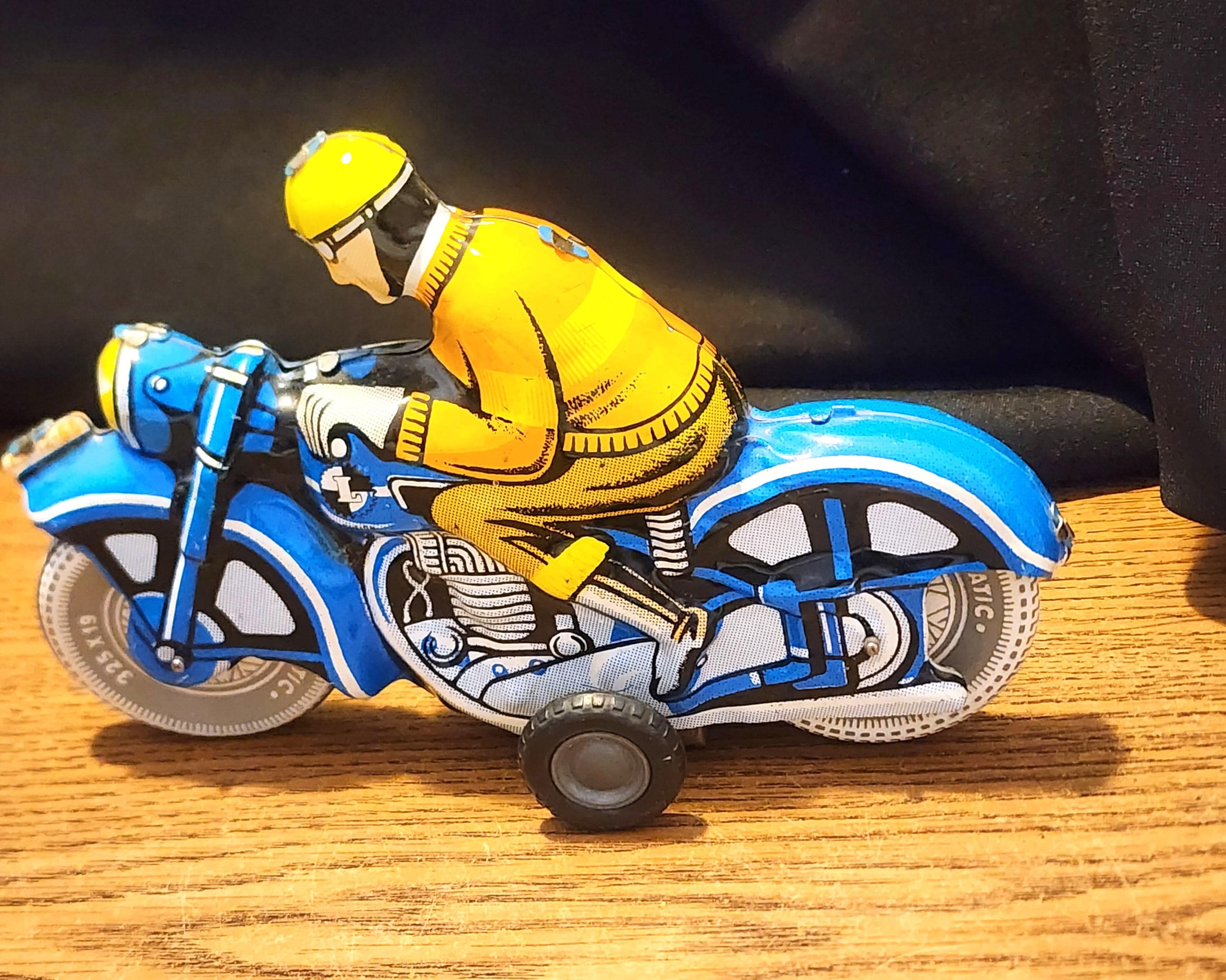 Vintage Tin Guy on Tin Motorcycle - Mint Condition - Works Rev Rev