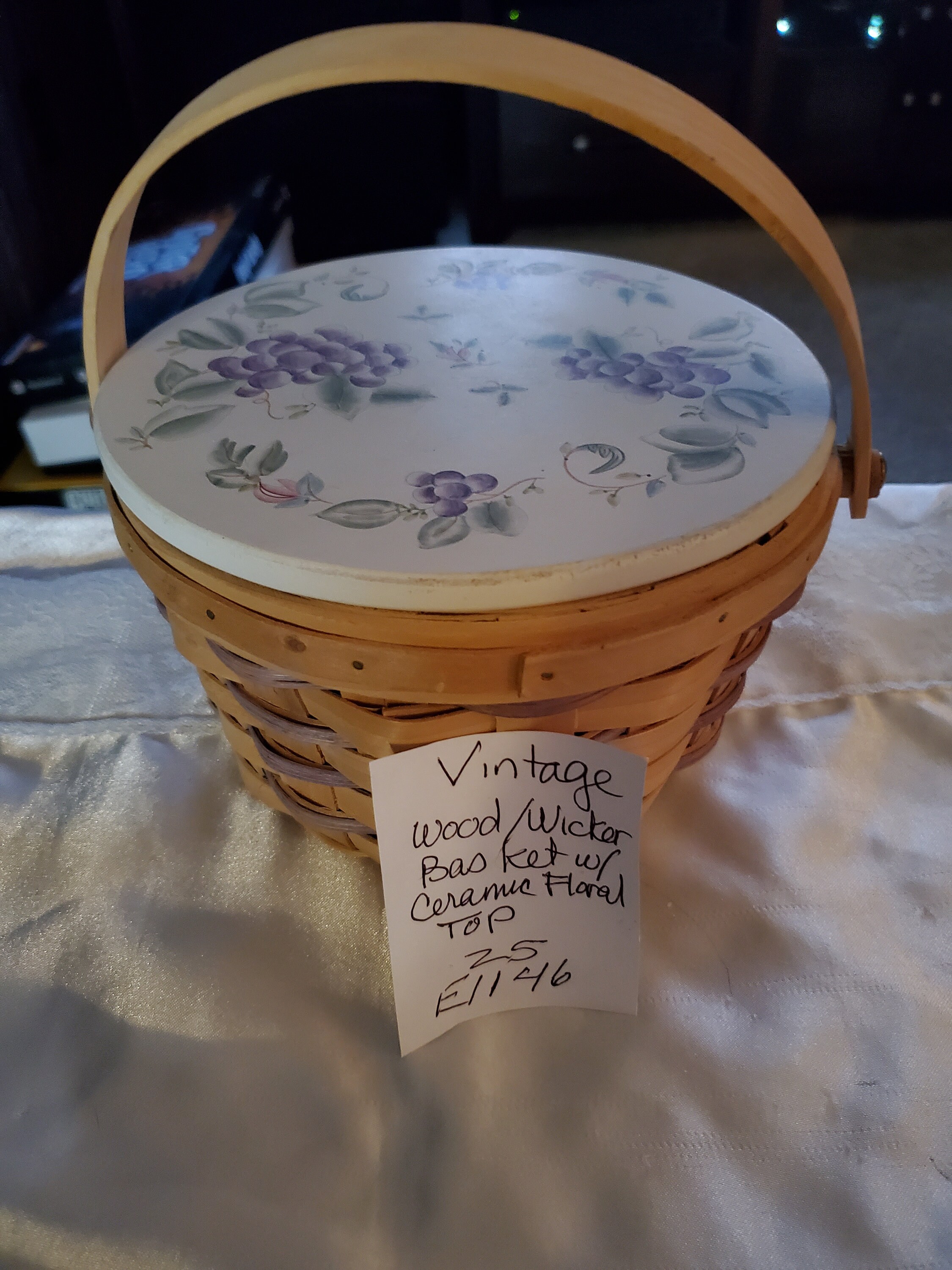 Vintage Wicker Basket with ceramic lid with flowers Etsy