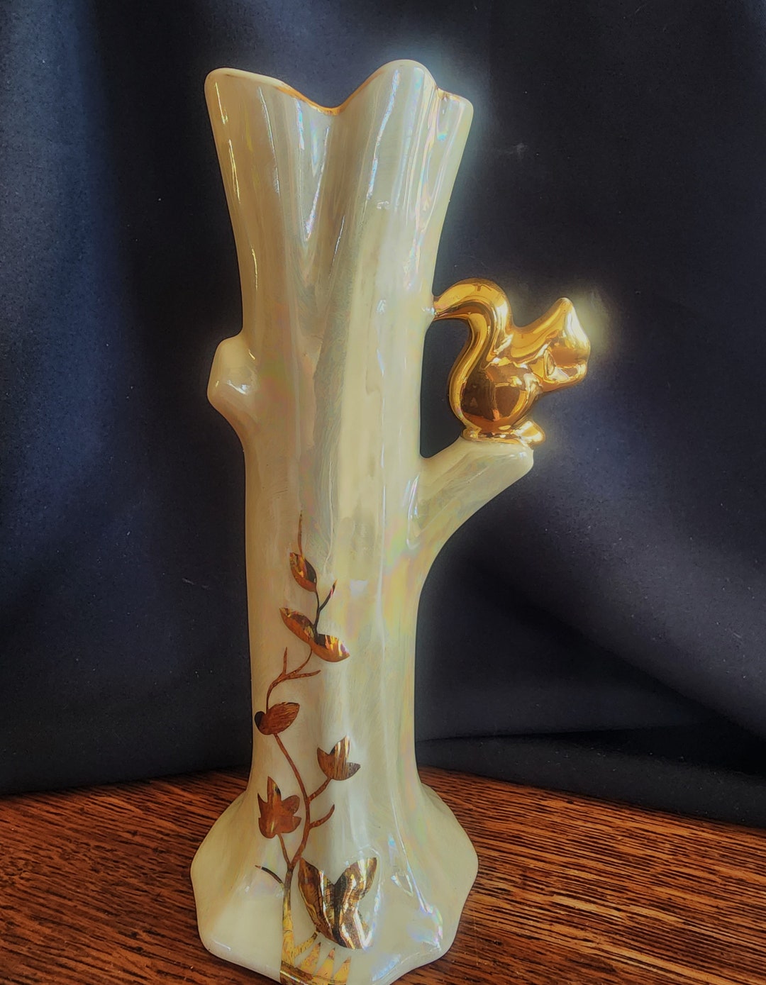 Vintage 8 Lusterware Vase Cream & Gold With Decoration and Handle Looks