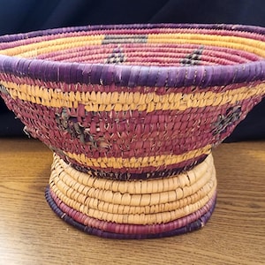 Vintage Native Rattan Basket Double Sided Pedestal Style Beautiful Colors!