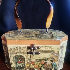 Vintage 1960&#39;s Anton Pieck Artist Created Wood Bag with Beautiful Scenes