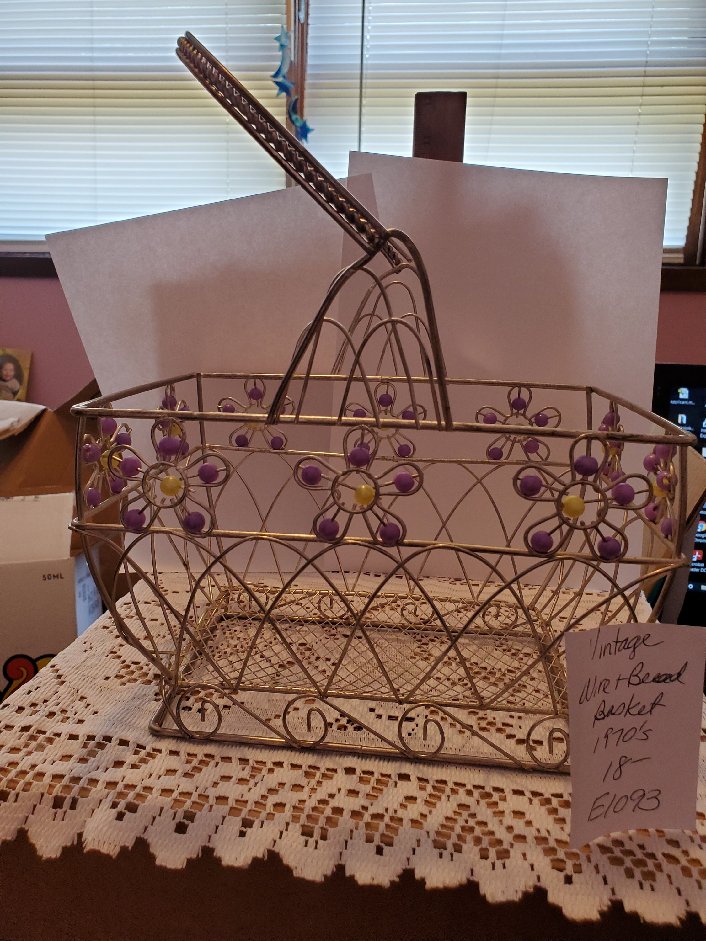 Vintage Wire and bead basket w/handle Etsy