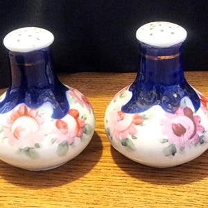 Vintage Paar Kobaltblau und Blumen Salz und Pfefferstreuer