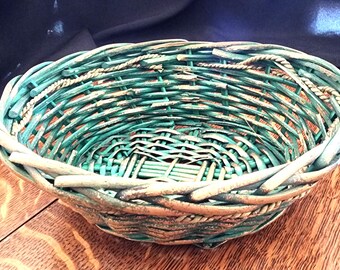 Vintage Round Wicker Basket, Mint Green Decorative Basket, Wicker