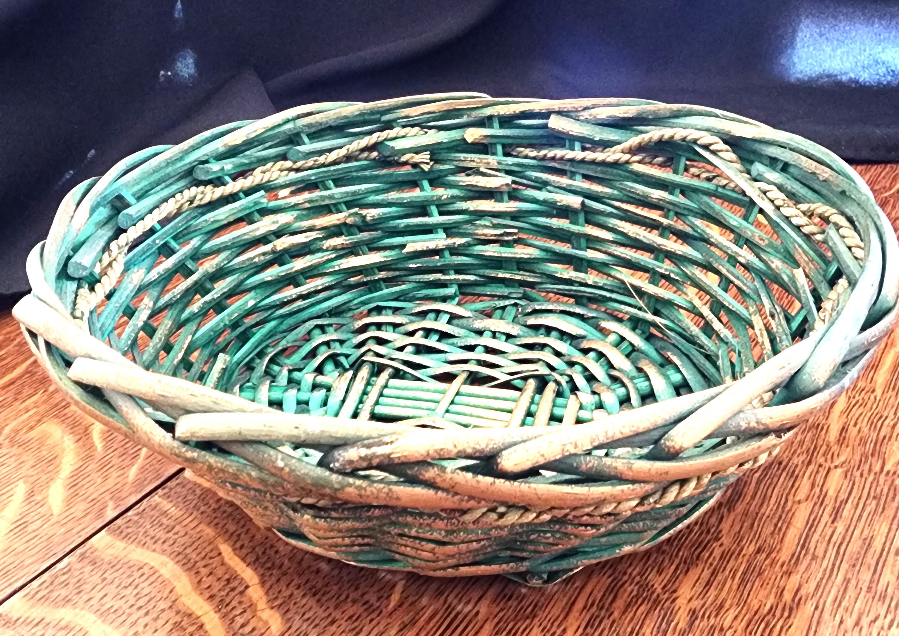 Vintage Round Green and Brown Wicker Basket - Etsy