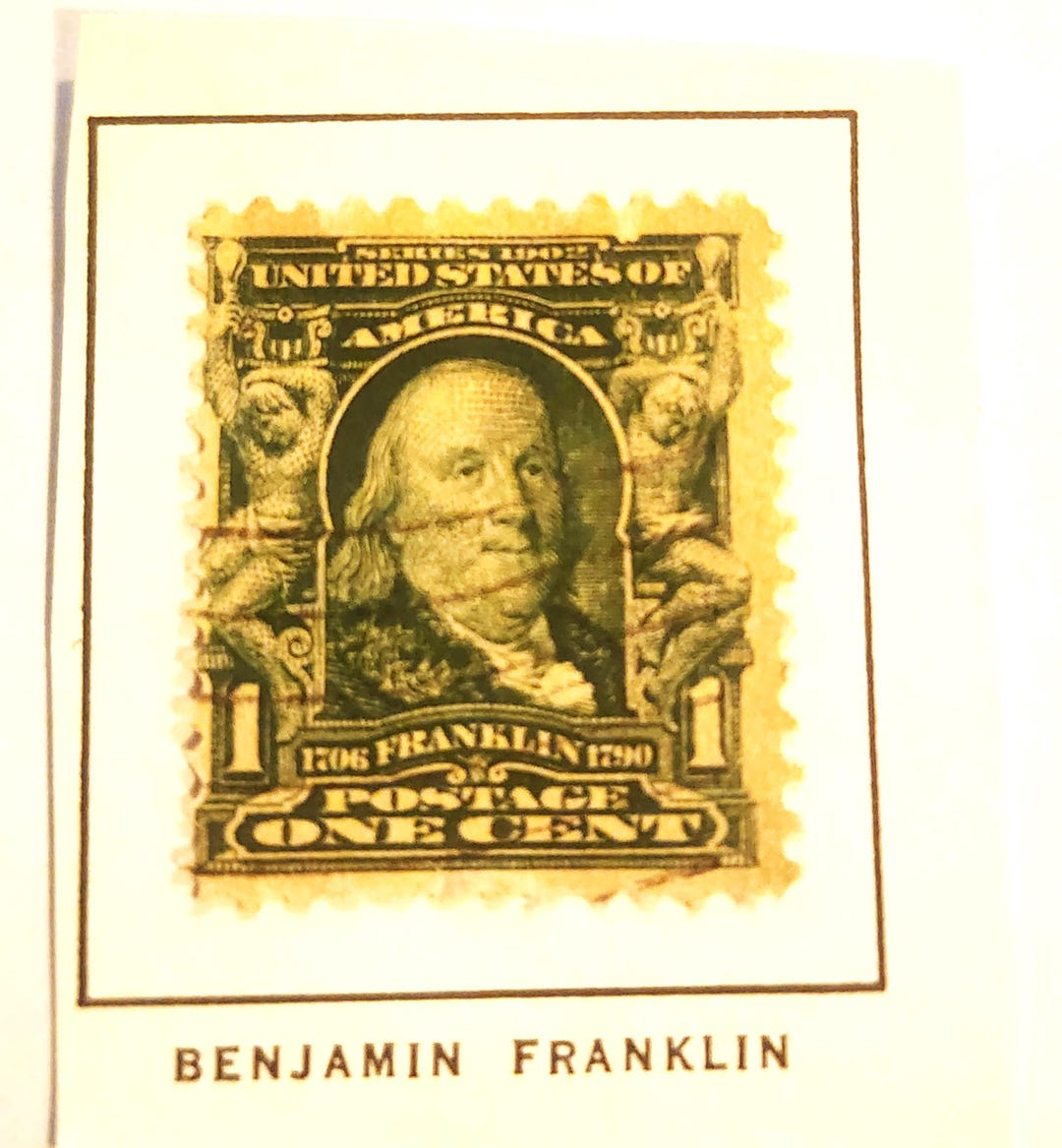 Vintage Rare 1902 1 Cent Ben Franklin Green Stamp Cancelled Hinged