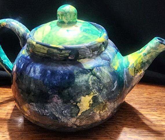 Vintage Ceramic Artist Made Multi-turquoise Color Tea Pot 