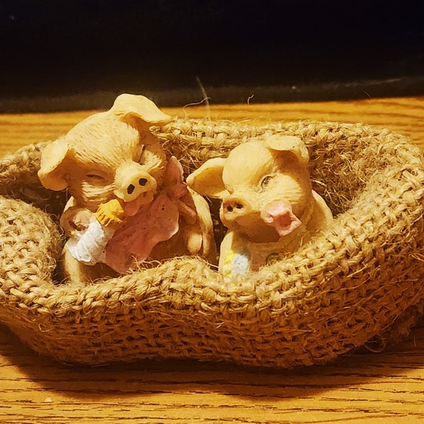 Vintage Baby Ceramic Pigs with Bottles in a Burlap Bed - Cute