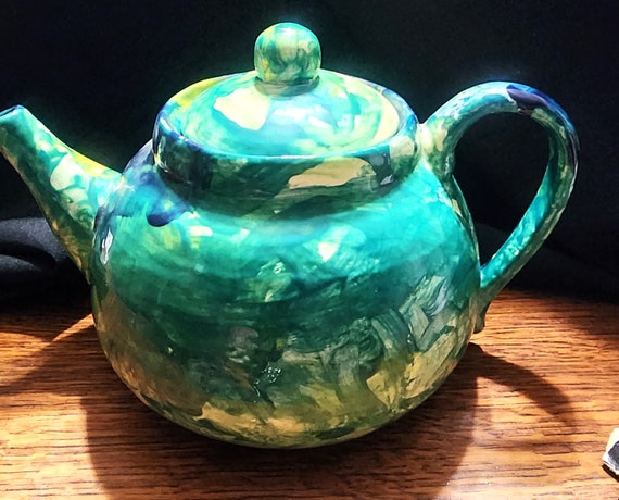 Vintage Ceramic Artist Made Multi-turquoise Color Tea Pot 