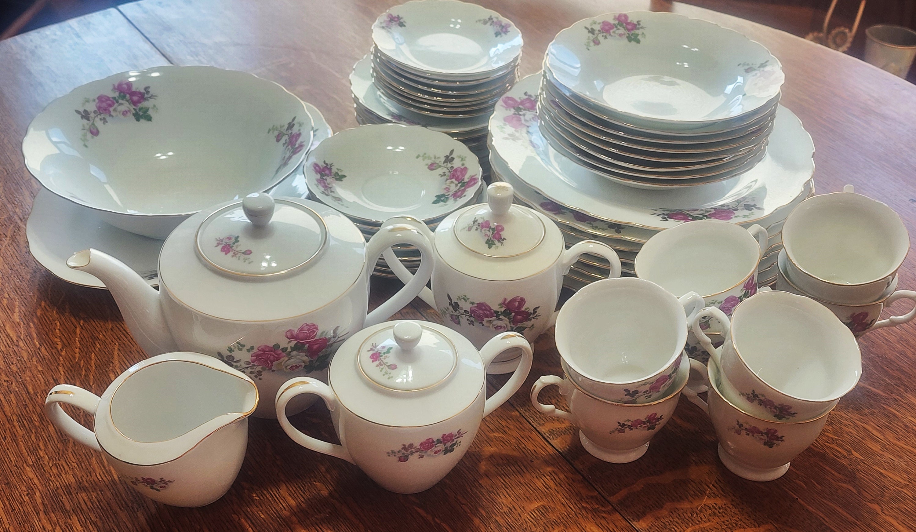 Vintage 57 Piece White with Pink Roses with Blue Splash China Set - Beautiful 1960's Complete Set