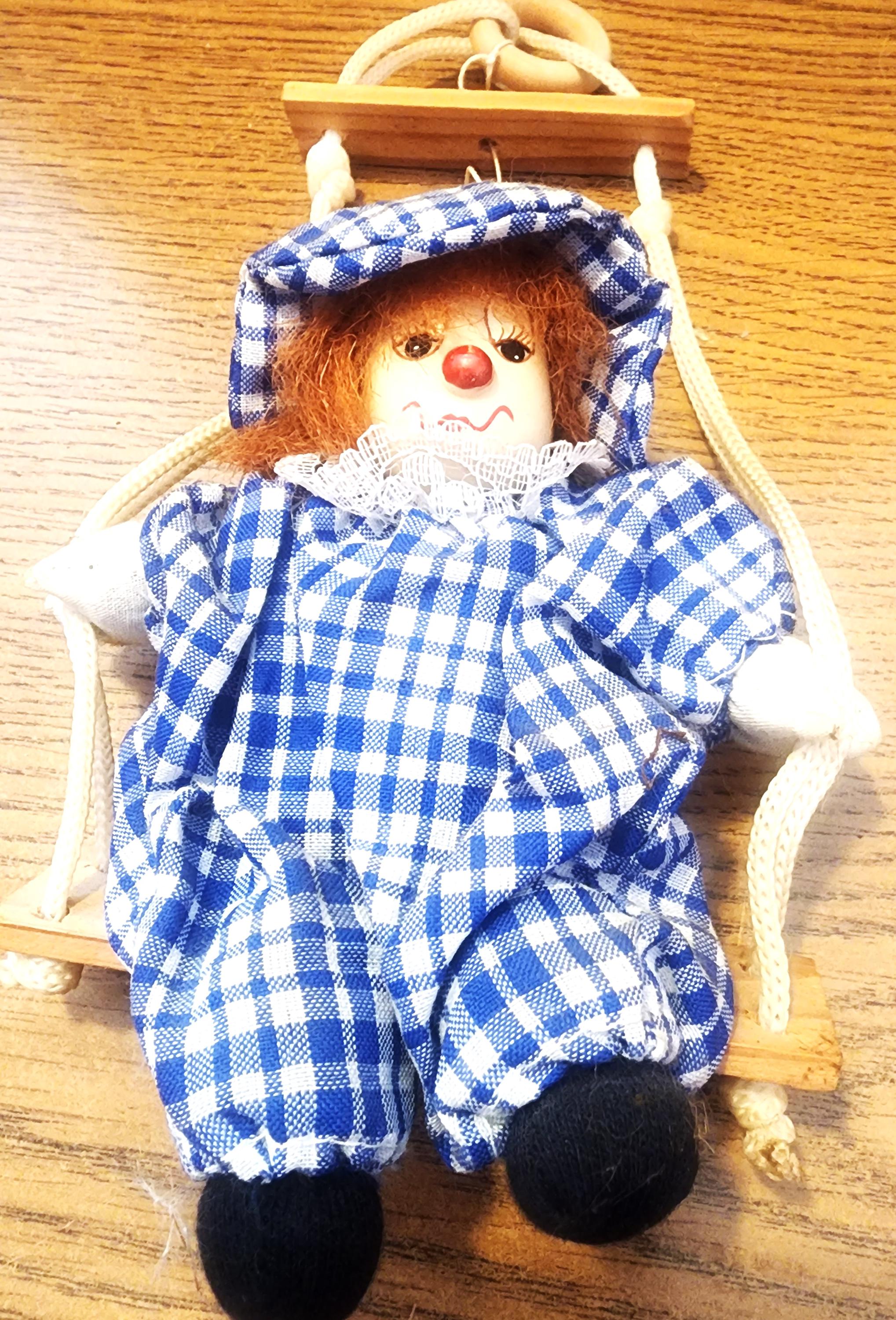 VINTAGE BEAU CLOWN EN TISSU/CHIFFON ET CERAMIQUE 34 CM