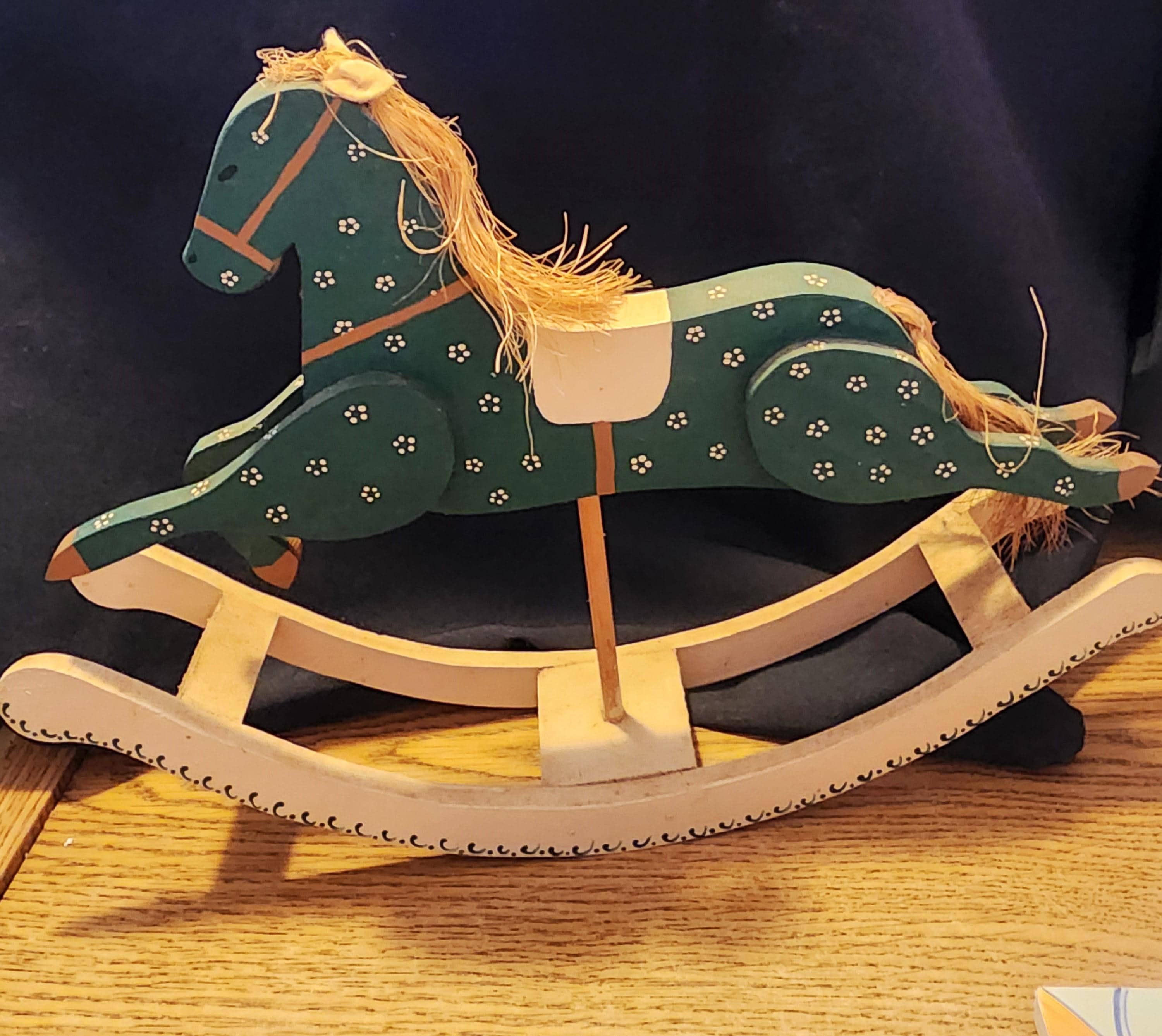 Just For Rocking Vintage Hand Made Wood Rocking Horse Wearing Green Outfit - Just ...