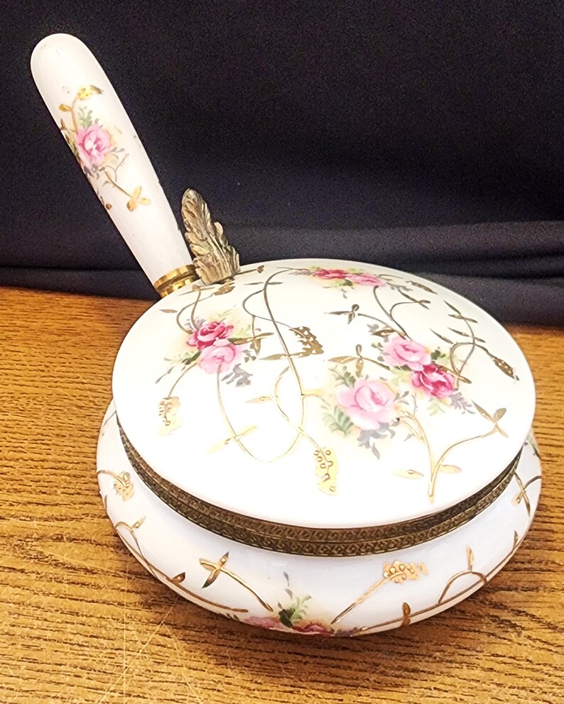Vintage porseleinen bedwarmer met porseleinen handvat, goudfolie en messing fittingen Gewoon geweldig! afbeelding 2