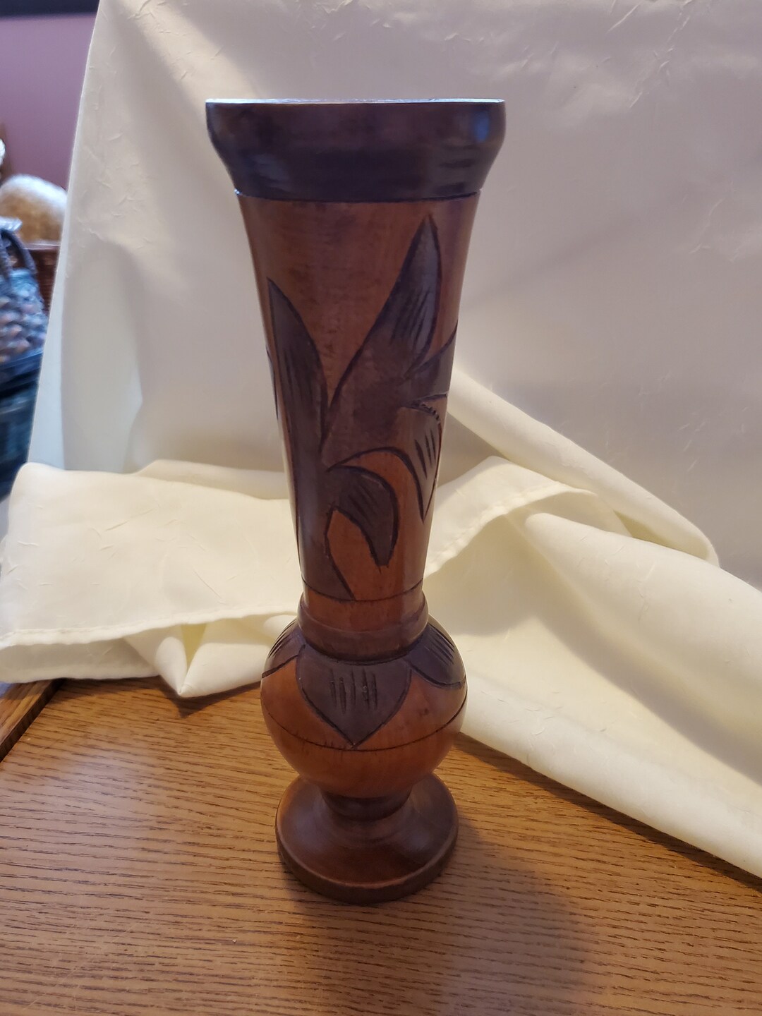 Vintage Hand Carved Wood Vase Etsy