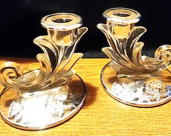 Vintage Fostorio Glass Silver Flower Overlay Candlestick Holders